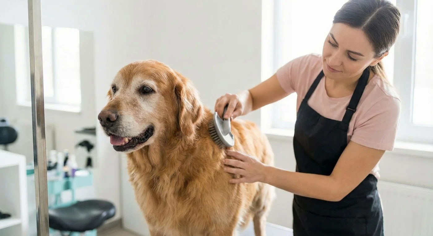Una toelettatrice spazzola con cura un golden retriever anziano