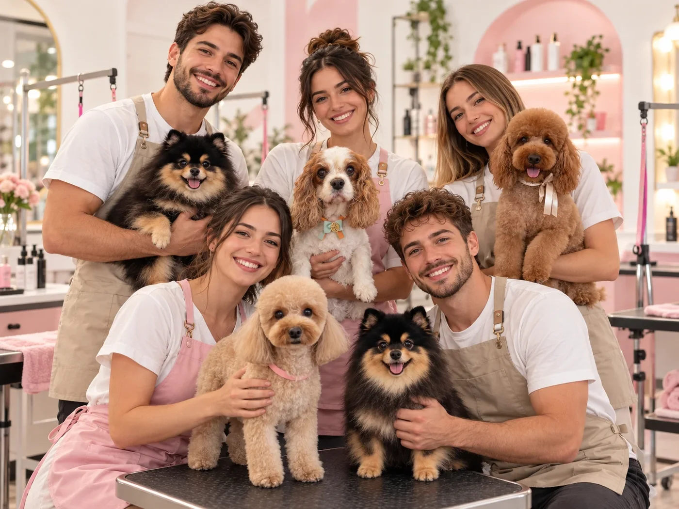 Il team del salone con i cani appena toelettati
